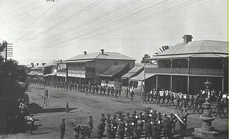 Menangle Army Camp men on manoeuvres marching through Camden 1916 CIPP